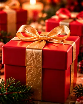 Caja de regalo roja con moño dorado