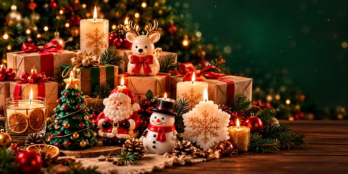 Colección de velas navideñas con regalos, piñas y ramas de pino