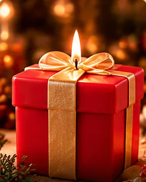 Vela con forma de caja de regalo roja con moño dorado