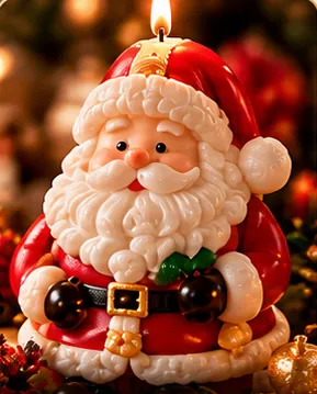 Vela artesanal con forma de Santa Claus encendida